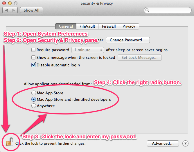 Step 1: Open Preferences. Step 2: Open Security & Privacy. Step 3: Click the Lock button, enter password. Step 4: Click the right radio button.  Step 5: Profit!