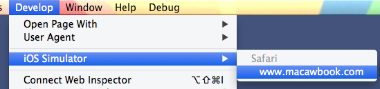 Safari Develop menu, with the iOS Simulator menu item shown