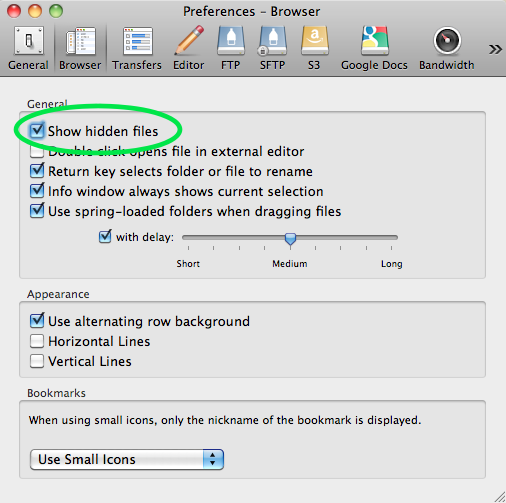 Cyberduck browser preferences - show hidden files is checked