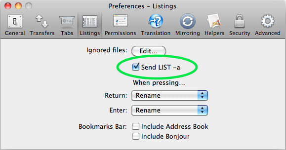 Interarchy Listings preferences - Send LIST -a is checked