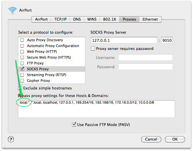 Mac Network Preferences - Proxy - local.* highlighted