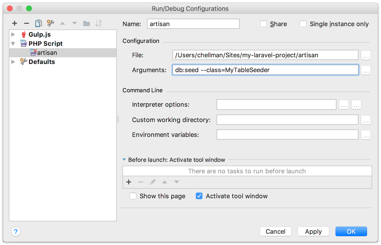 A sample PHP script configuration for a Laravel database seeder class