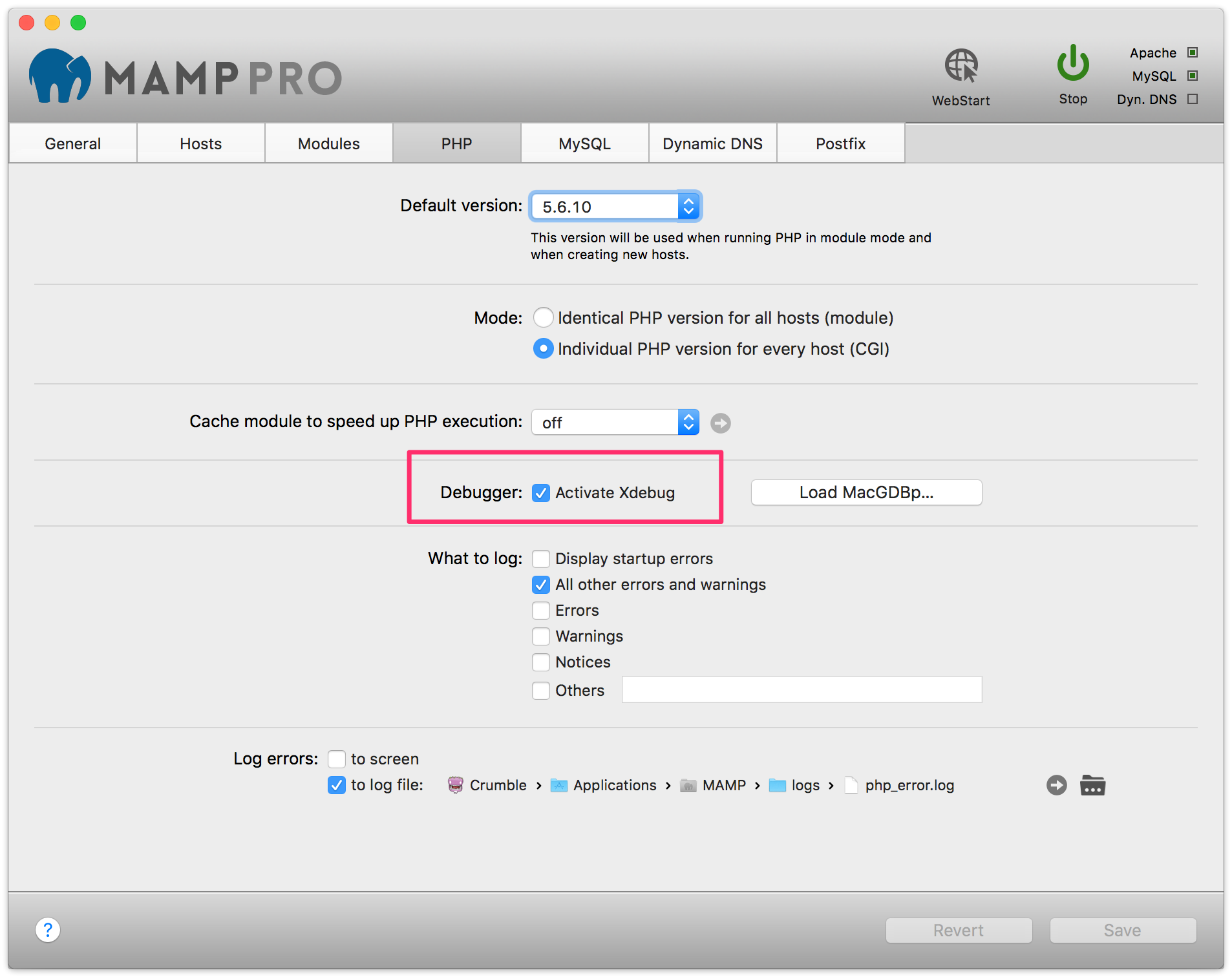 Xdebug enabled in MAMP